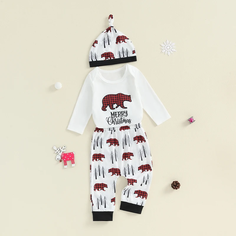 Baby Boy Girl My First Christmas Clothes Sets Long Sleeve Letter Deer Print Romper Elastic Pants with Hat 3Pcs Newborn Outfit