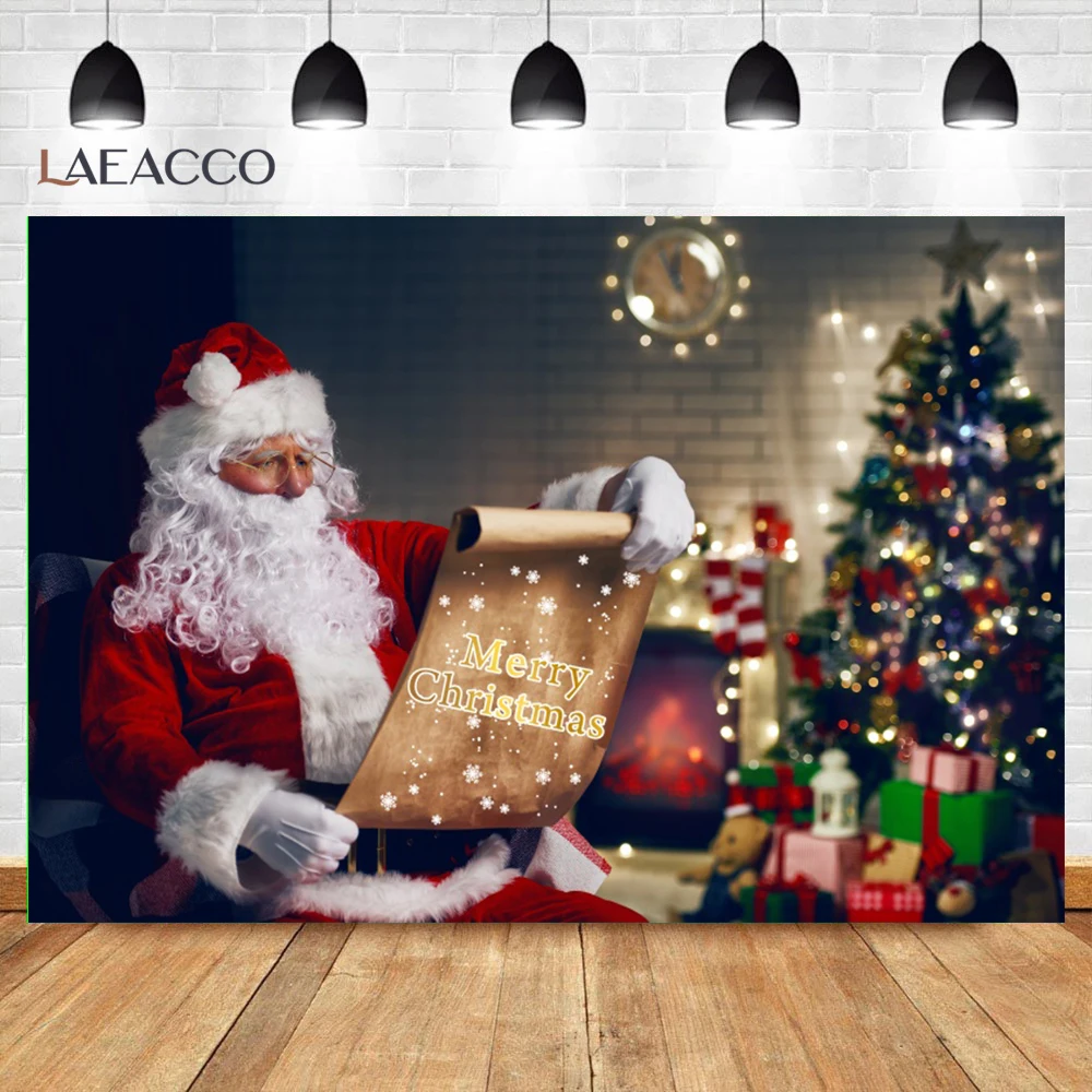 Laeacco Photography Background Winter Christmas Window Xmas Trees Gift Fireplace Red Curtain Family Portrait Decor Backdrop