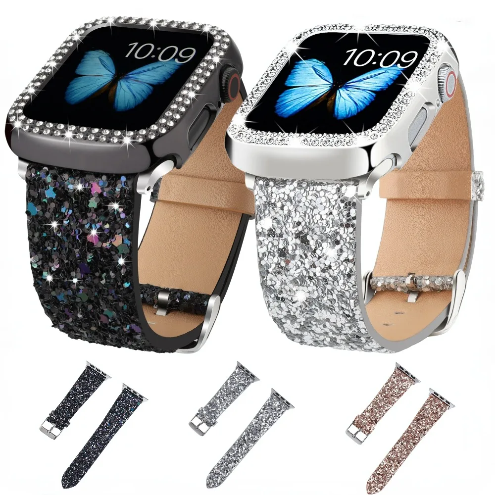 

Diamond Case+Leather Strap for Apple Watch 45mm 41mm 44mm 40mm 42mm 38mm Ladies Wristband for iWatch Series 9 8 7 6 5 3 SE Band