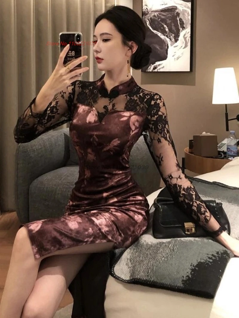 

2025 китайский улучшенный Cheongsam, традиционный цветочный принт, кружевное бархатное лоскутное Ципао, сексуальное вечернее платье, платье для банкета, ночного клуба