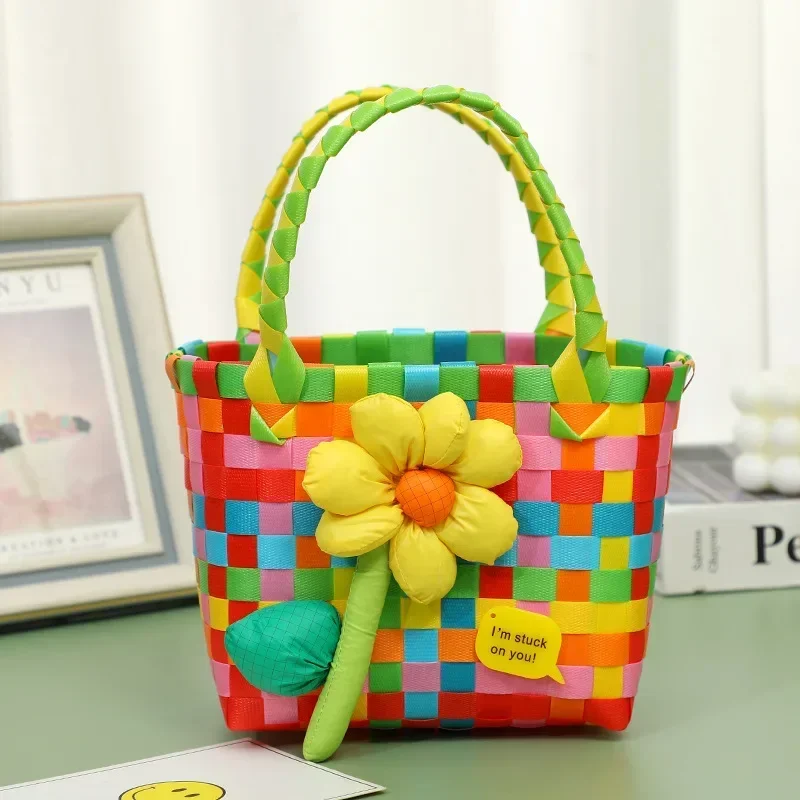 

Little Girl Carrying Vegetable Basket Summer Art Woven Bag 2024 New Cartoon Cute Bohemian Style Bag Handbags for Women Straw Bag