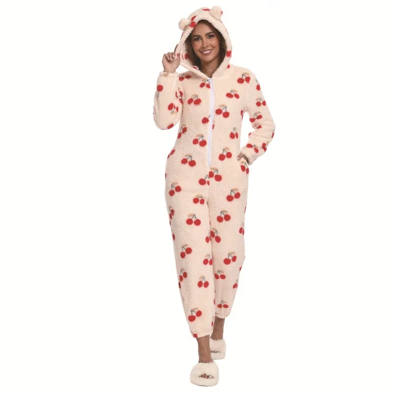 

Новые фланелевые цельные пижамы, женские зимние утолщенные теплые домашние костюмы с вишневым узором, комплект одежды с капюшоном для женщин 2025