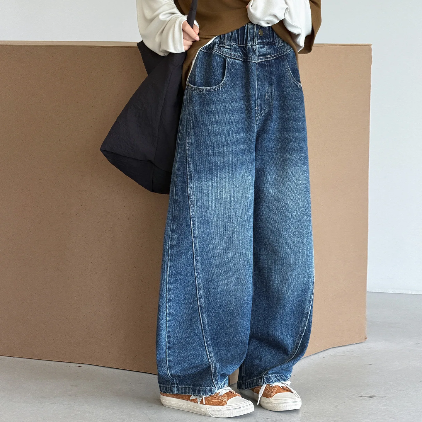 Autumn Kids Pants Fashion Side Spliced Design Jeans Trousers Teenage Girls Wide-leg Denim Pants for 5-14Years Children Bottoms