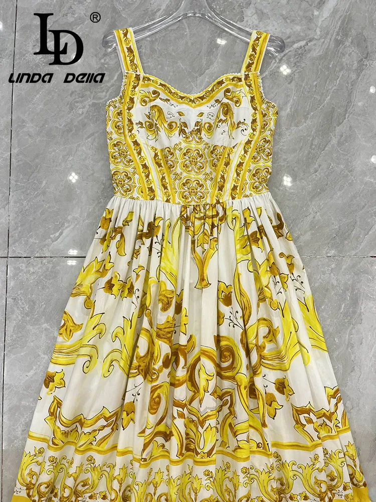 LD LINDA DELLA Fashion Designer Summer Dress Women Vintage Print Guipure Ruched Spaghetti Strap Temperament Elastic Waist Dress