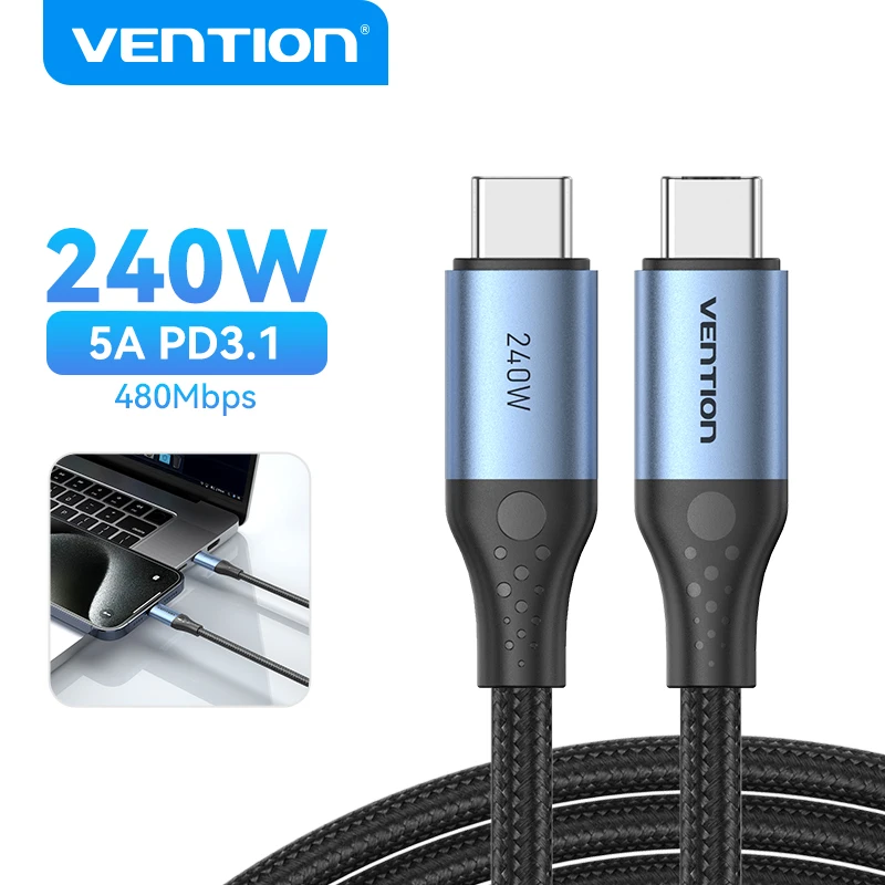 Кабель Vention 240 Вт USB C — Type C PD3.1 Кабель для быстрой зарядки данных USB C — C для MacBook iPhone 16 15 Samung Провод для быстрой зарядки
