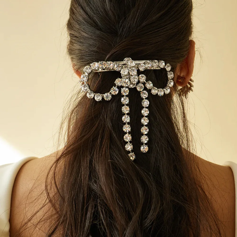 

Rhinestone Bow Tassel Hair Clip Premium Elegant Metal Hair Accessory for Prom Party Performance Formal Dress Women Lightweight