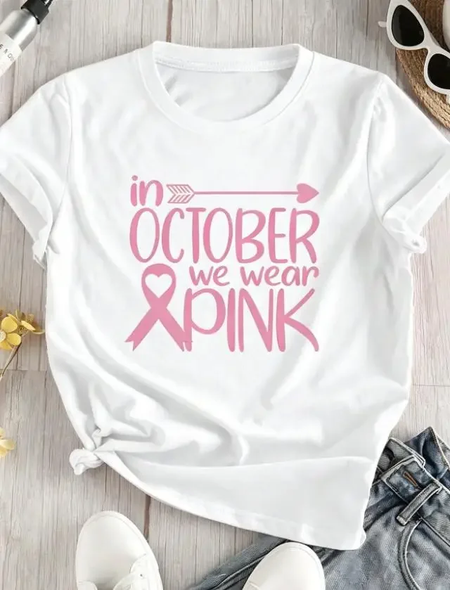 In October We Wear Pink T Shirt Women Breast Cancer Awareness Ribbon Graphic Tee Arrow Message Printed Casual Tops Summer Gifts