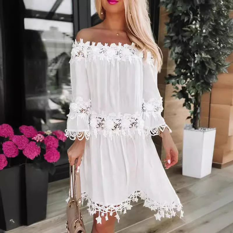 المرأة الجديدة بلون طويلة الأكمام واحدة طول الرقبة خارج الكتف جوفاء فستان فضفاض المرأة عطلة الشاطئ نمط مزاجه فستان #4