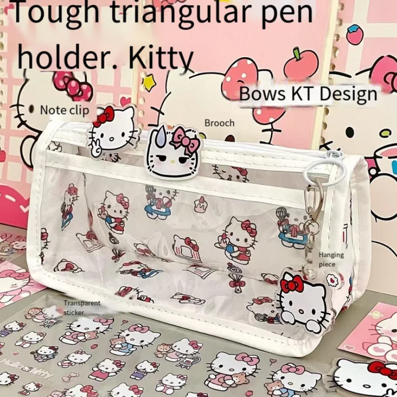 Sanrio Hello Kitty Niedliches Cartoon-transparentes Federmäppchen mit großer Kapazität, transparentes Gitter, mädchenhaftes Herz, Aufbewahrungstasche für Schreibwaren