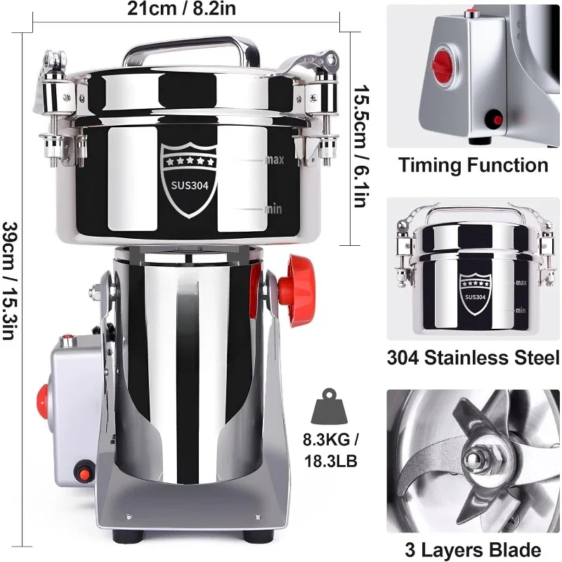 2000g Electric Grain Mill Grinder, 3600W High Speed Spice,304 Stainless Steel for Dry Wheat, Oats, Corn, Pepper and Coffee Beans
