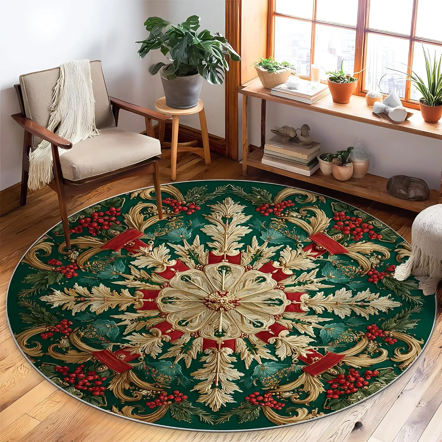 Ornate Round Polyester Area Rug Vintage Green Gold Baroque Style Living Room Floor Decor Luxury Persian Pattern Cushion Rug