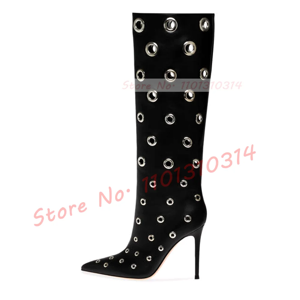 Pointy Metal Eyelet Long Boots Ladies Sexy Matte Leather High Heels Boots Streetwear Women Punk Side-zip Casual Outfit Shoes