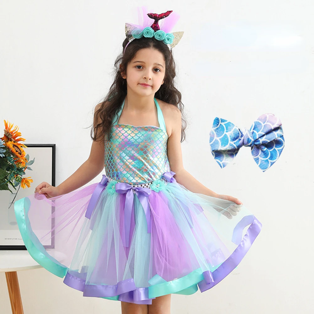 Vestito da Tutu a sirena per ragazze sotto il mare costumi di carnevale per feste di compleanno con fiocco per capelli abiti da principessa di Halloween dell'oceano