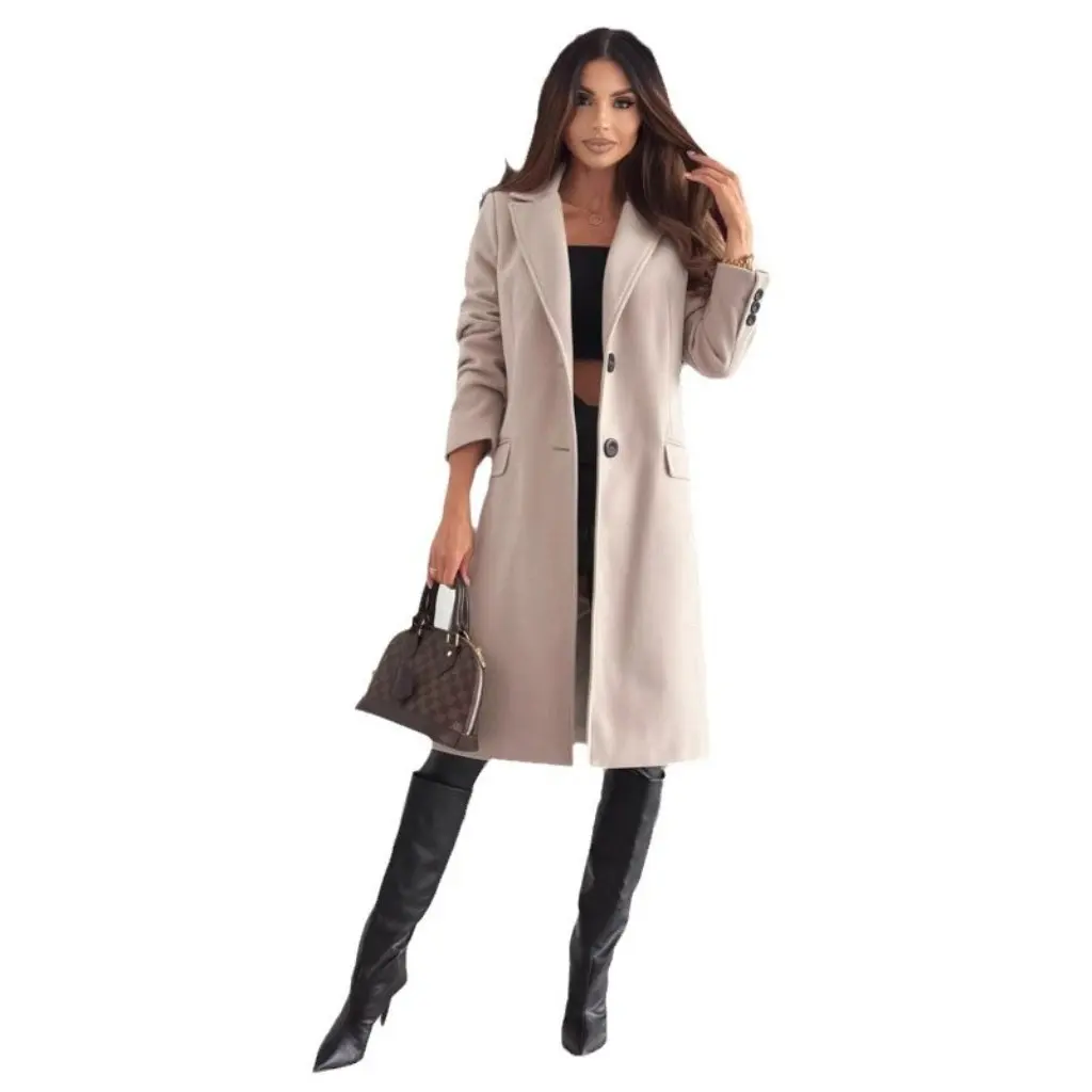 

Женское однотонное шерстяное пальто с длинными рукавами, осень-зима, простой независимый дизайн с карманами Explosions