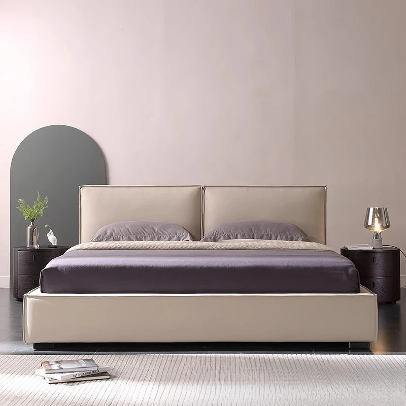 tofu cubes leather bed first layer cowhide master bedroom wedding bed Italian minimalist soft bag 1.8 meters double bed