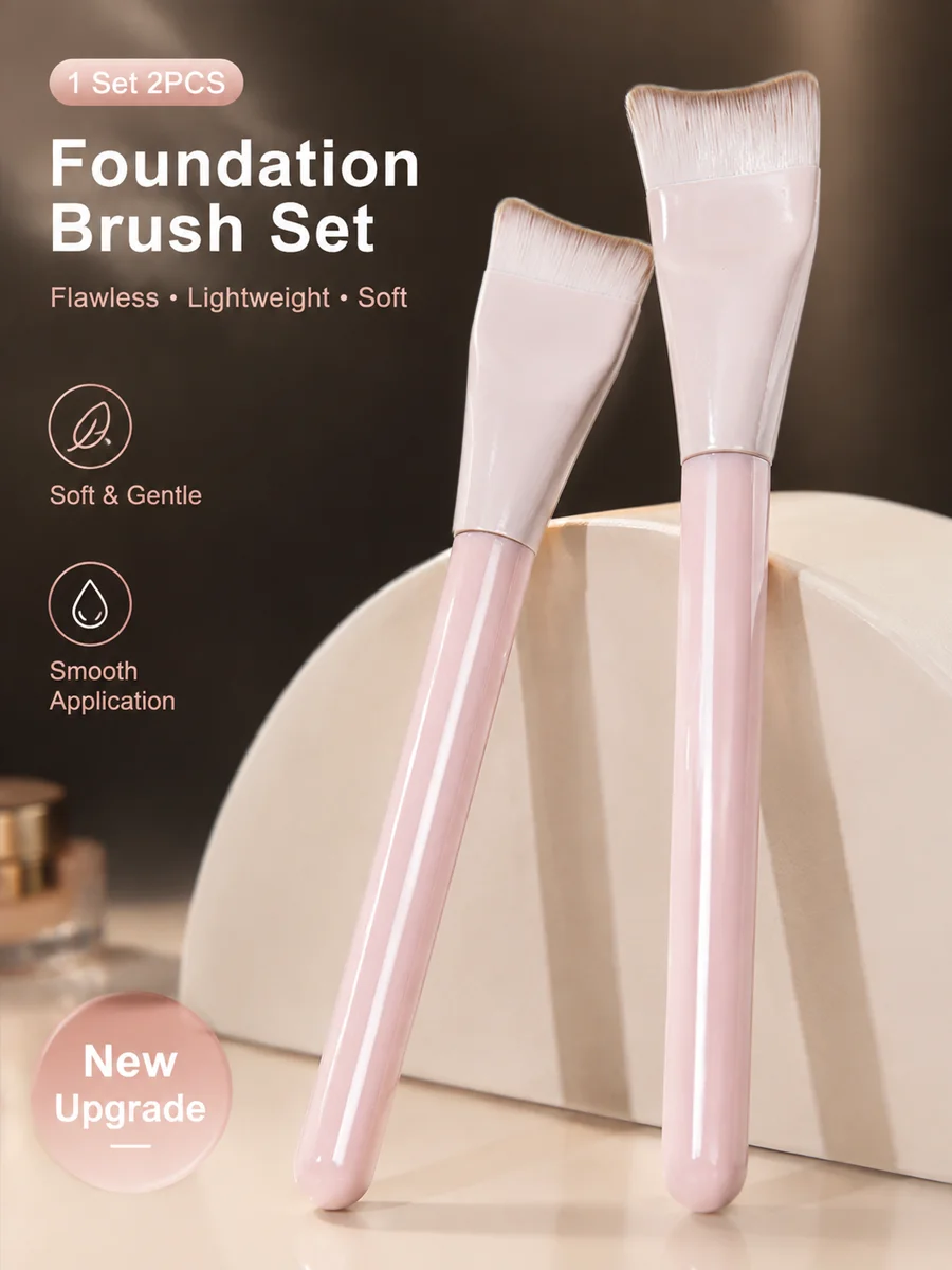 2pcs Peach Pink Makeup Brush Set - Half Moon & Flat Head Foundation Brushes for Professional Flawless Blending - Suitable for Be