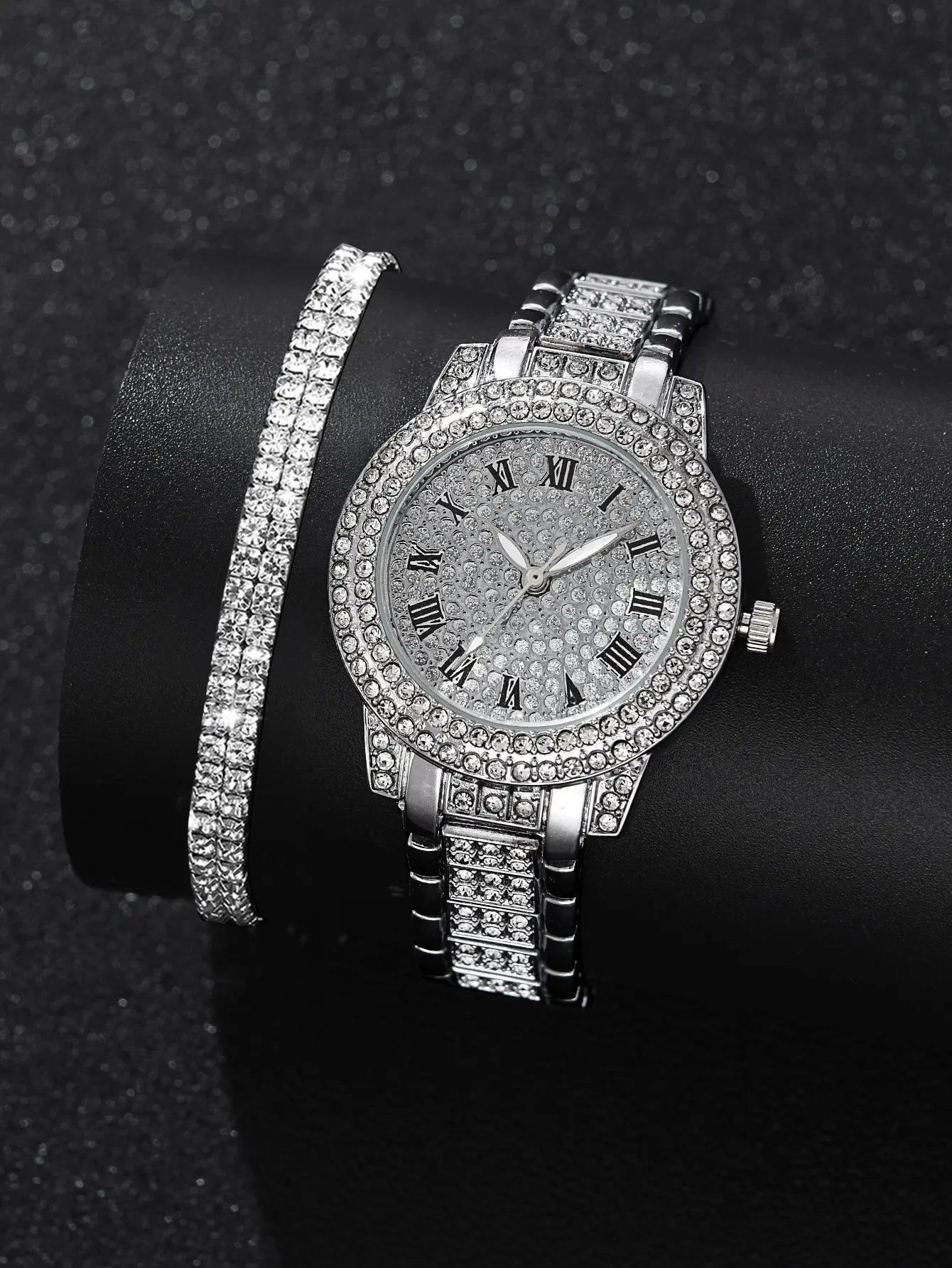 3PCS Set Silver Luxury Rhinestone Watches Women Crystal Quartz Bracelet Watches Wristwatch Ladies Dress Wristwatch Clock Relogio