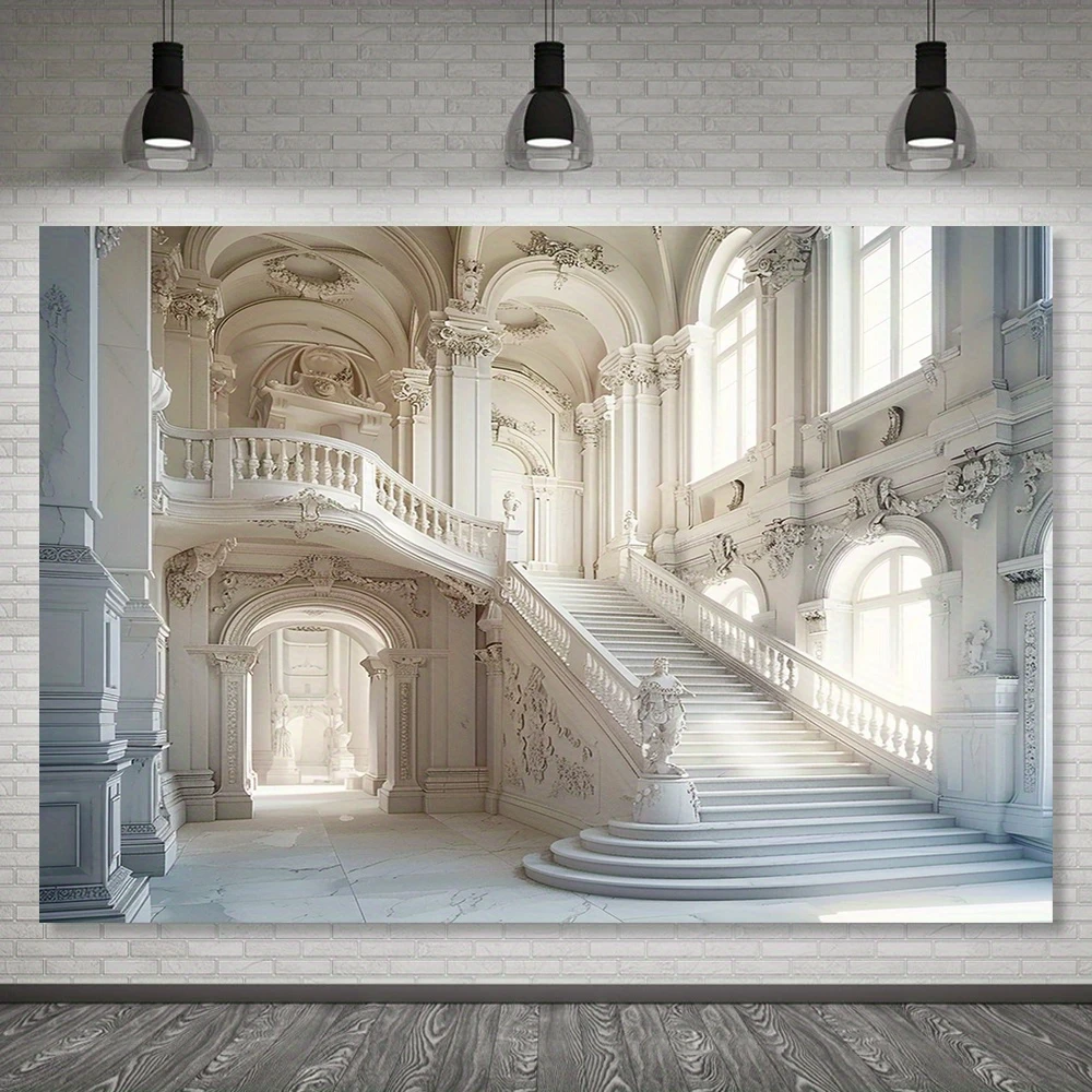 Luxury palace background photography, European white castle Royal interior stairs, polyester wedding ceremony background cloth