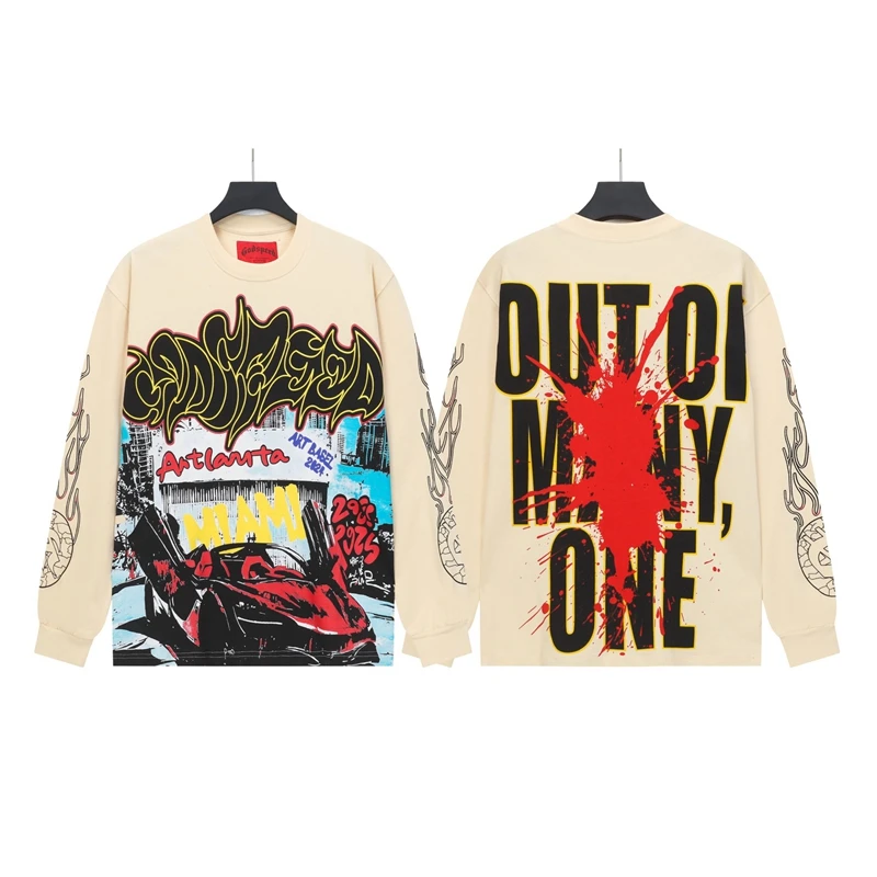 

Футболка God Speed American High Street Sle Long Sve свободного кроя, брендовая футболка с геометрическим узором и буквенным принтом