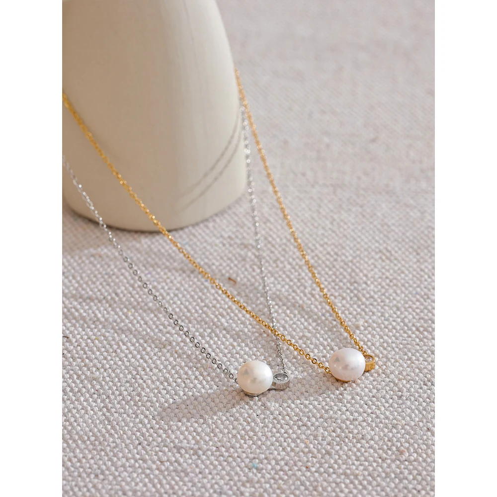 Yhpup Korean Style Stainless Steel Natural Pearl Zircon Necklace Pendant Chain Waterproof Temperament Premium Jewelry
