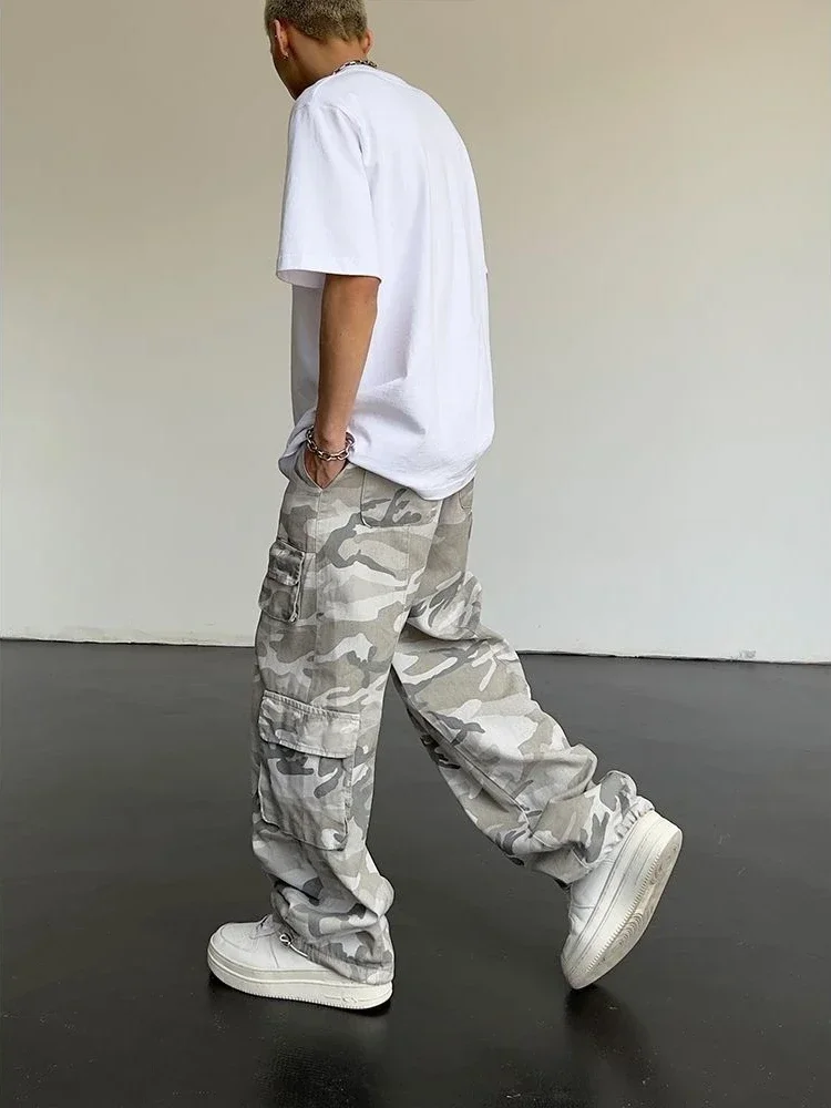 Grey Trekking Camouflage Straight Camo Cargo Pants For Men Trousers Man Wide Cotton Clothing Luxury Regular Fit Designer New In view 4