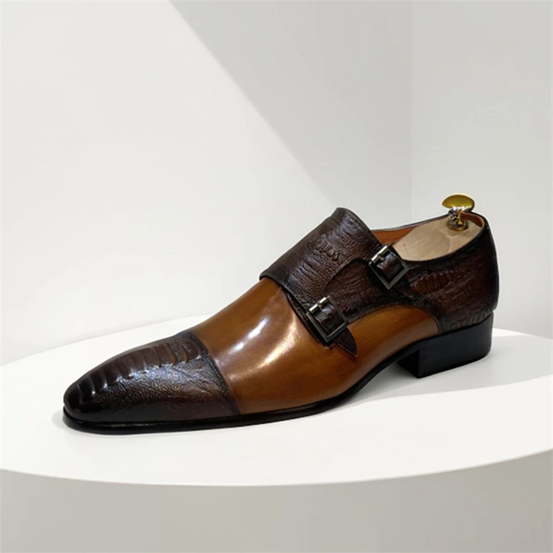 

Monk Shoes Men Cow Leather Slip-Ons Footwear Patchwork Pointed Toe Buckle Straps Men Business Wedding Dress Shoes