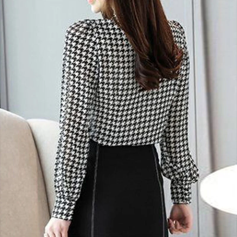 Women Elegant Houndstooth Print Bow Tie Button Up Shirt Autumn Fashion Korean Long Sleeve Office Ladies Blouses Tops Camisas 5XL