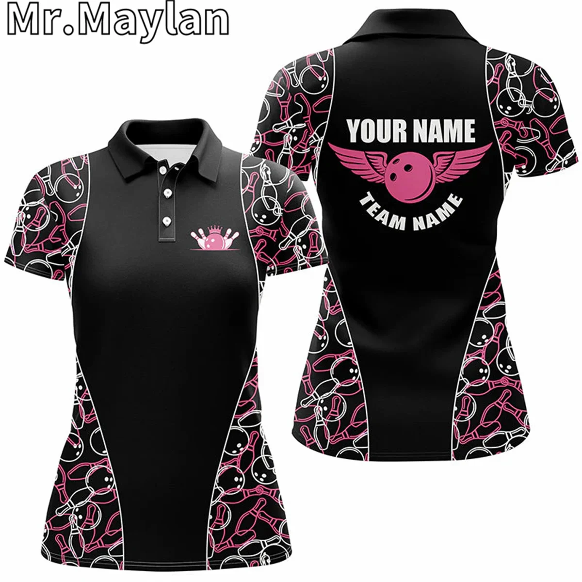 3D Black And pink Bowling Pattern Sports Polo Shirts For Women Personalized Bowling Team Jerseys Outfits Gift For Bowling Lovers