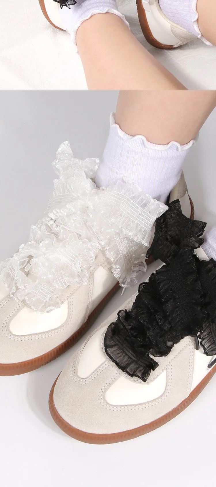 Rüschenbesetzte, transparente Schuhbänder aus Organza mit Schleife, süße, alltagstaugliche Schuhaccessoires für flache Sneaker und Freizeitschuhe. – Detail 17