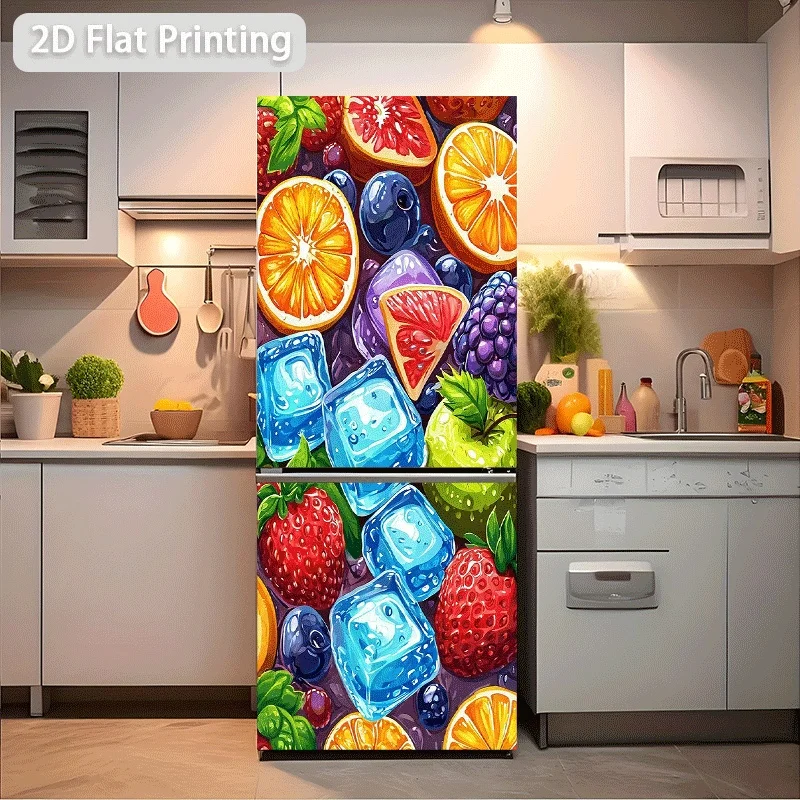 1pc 2D Flat 2D Printed 2D Graphic Design Refrigerator Sticker , Colorful Fruit and Ice Cube Combination Pattern, Self-Adhesive