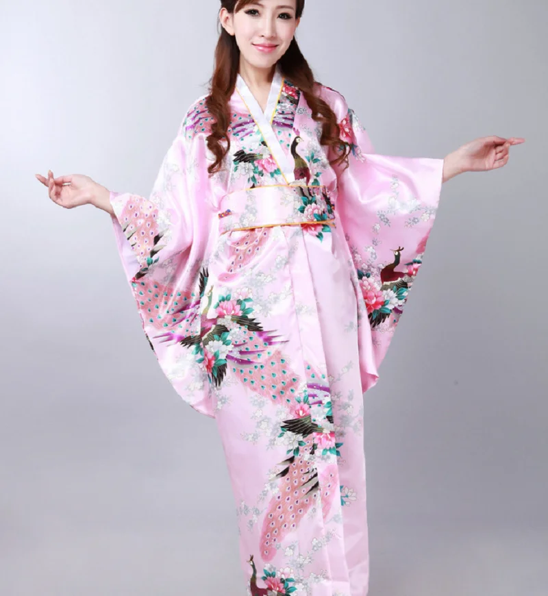 2025 Hot Sale New Women's Japanese Kimono Robe with obi Chinese Style Printing Long Satin Bathrobe Dresses Kimonos