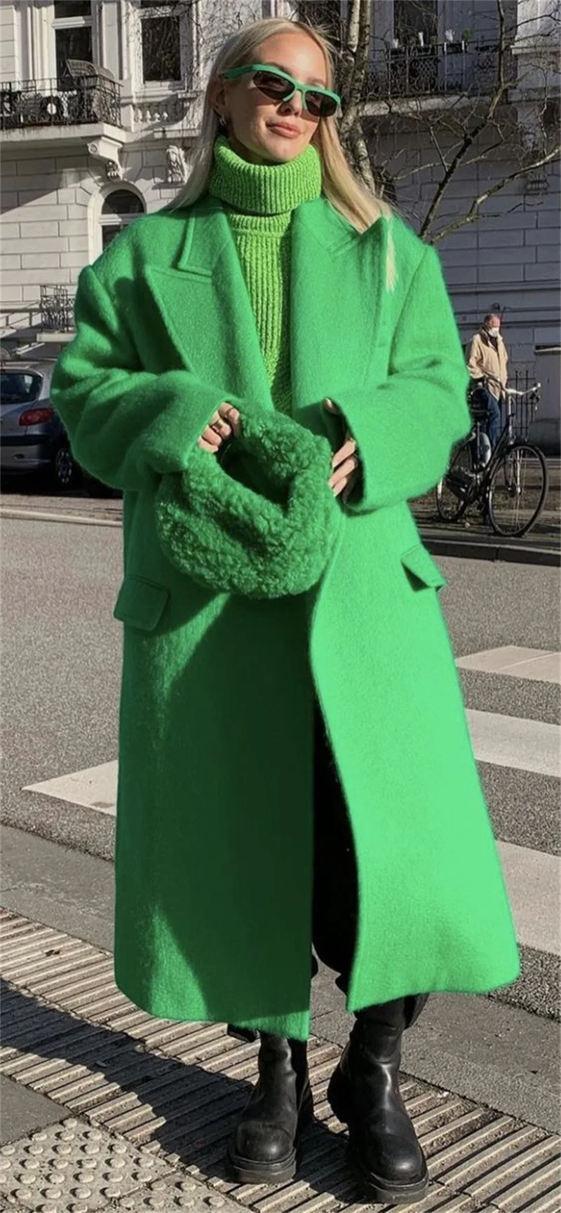 Mode Groene Vrouwen Pak Jas Wollen Winter Dikke Custom Made 1Pcs Cashmere Lange Jas Enkellange Blazer Streetwear