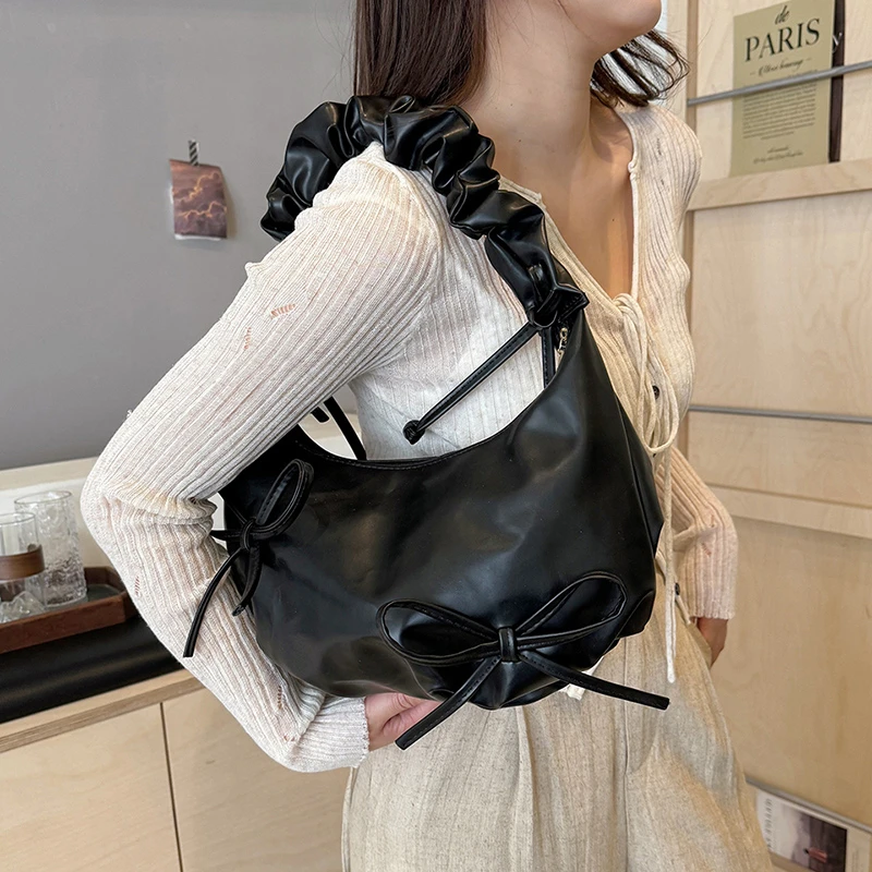 Solid Large Capacity Shoulder Bags Interior Compartment High Quality Bags for Women Fashion pu bow Hobos Women's Handbags