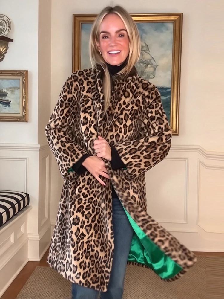 Women Leopard Faux Fur Mid‑long Overcoat High Neck Button Front Outerwear 2026 Fashion Fall Winter Commuting Street Outfit New