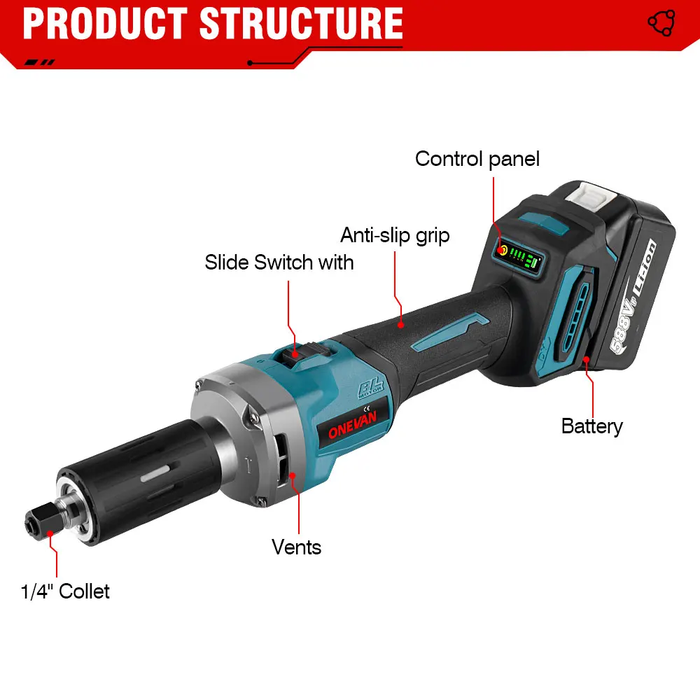 ONEVAN 35000RPM Brushless Die Grinder 6mm 2000W Electric Cordless Variable Speed Rotary Tools For Makita 18v Battery