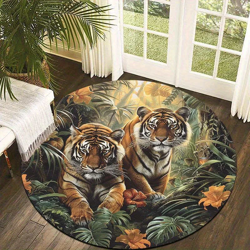 1pc Majestic Tiger Jungle Floor Mat - Non-Slip Round Mat with Two Tigers & Lush Foliage, Machine Washable Soft Mat for Living