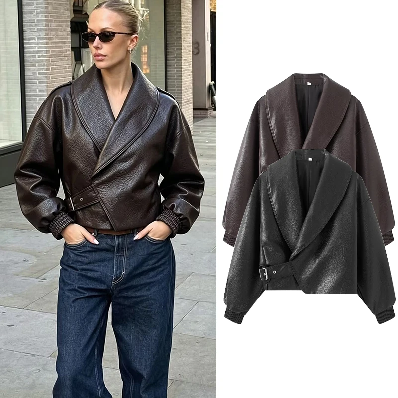 PU Leather Jackets Women's Autumn 2026 New Fashion Slim Elegant V-neck Short Warm Coats Women's Fall Street Chic Jackets Blouse
