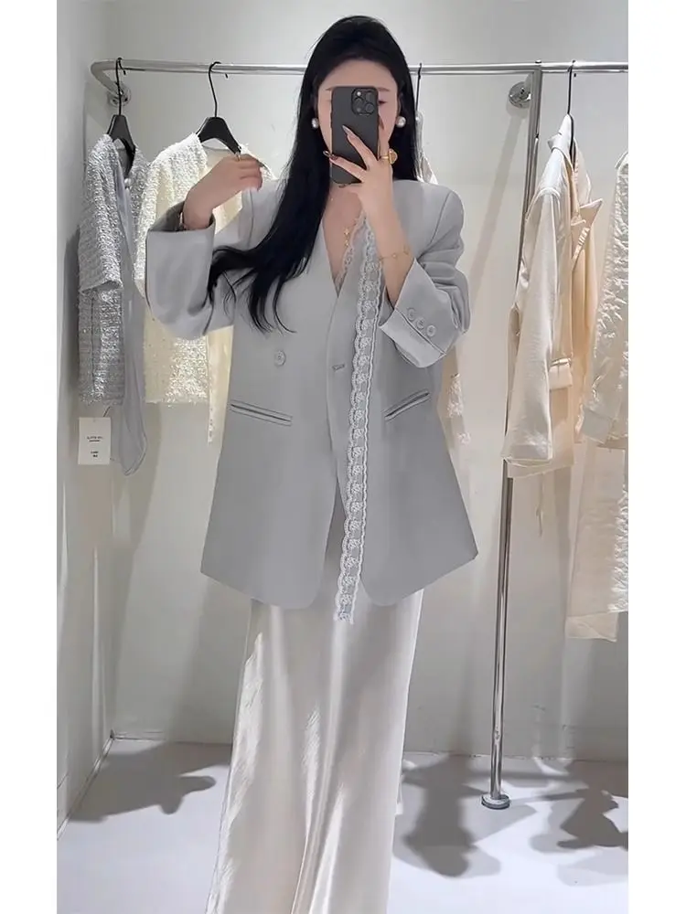 Spring and Autumn Style Professional Light Grey Suit Coat Casual Skirt Elegant Women's Two Piece Set