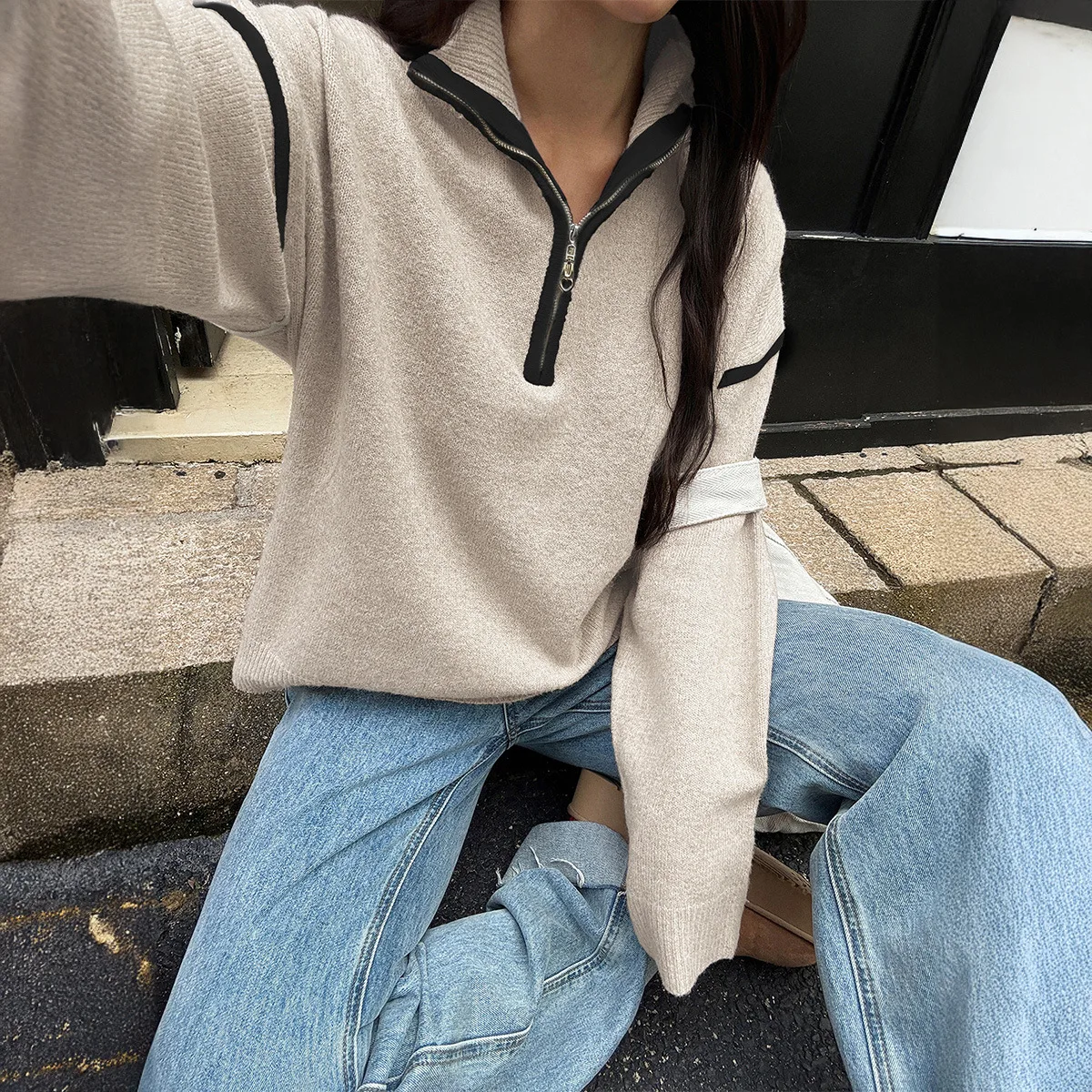 Suéter de mujer de Color sólido de manga larga con cremallera suéter para mujer 2025 otoño moda coreana Tops M