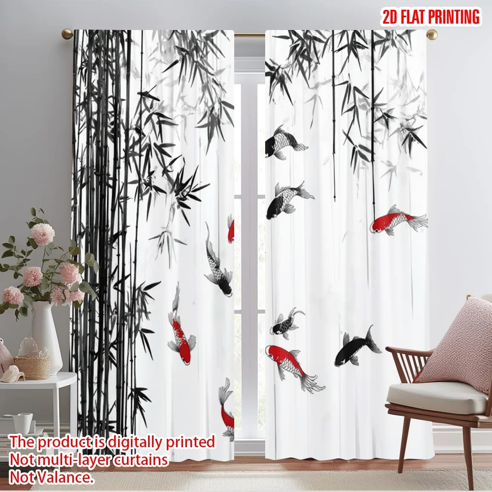 2pcs,2D plane printing Curtains&Window Treatment Koi and Bamboo Harmony Versatile Polyester (without rod) Decorations Inside