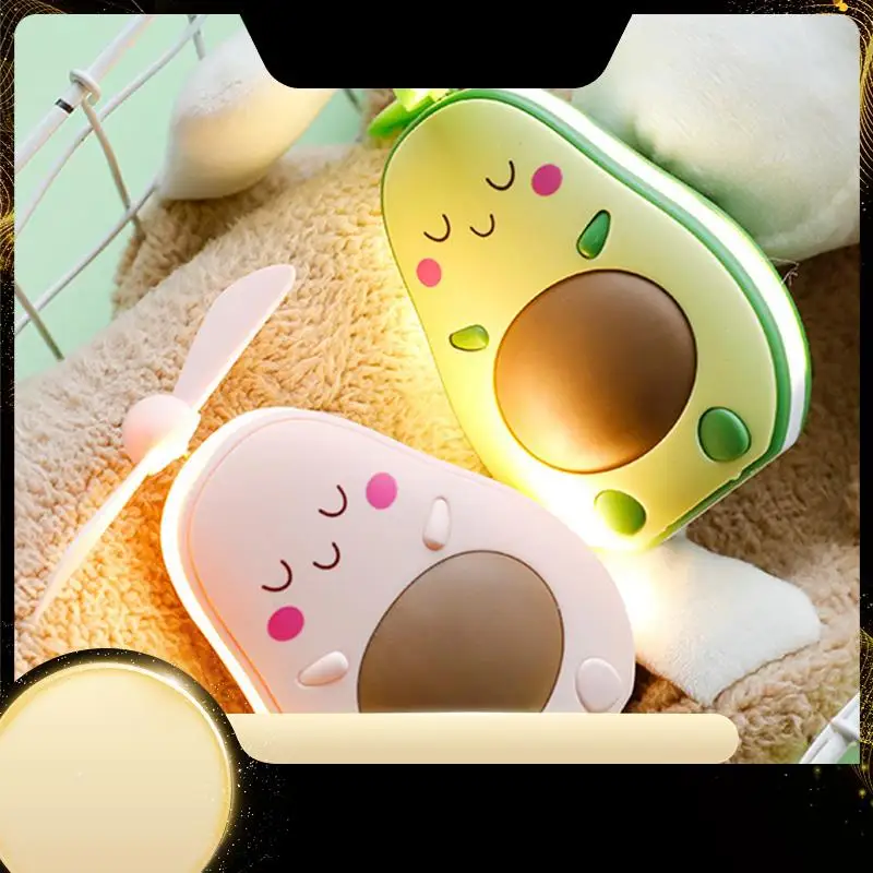 

X40A_XA-Mini LED Makeup Mirror And Fan 2 In 1 Integrated Cute Avocado Shaped Practical Portable USB Charging Handheld Fan