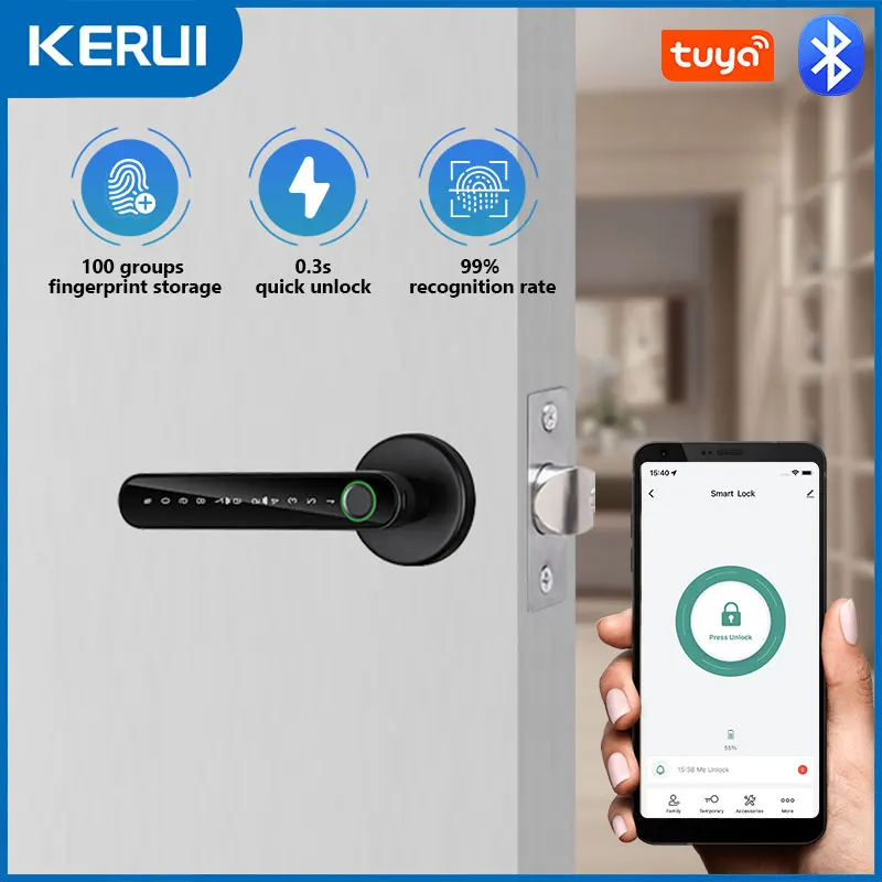 

KERUI Tuya Smart Life Дверной замок с отпечатком пальца Bluetooth Электронный дверной замок Отпечаток пальца/пароль/приложение Tuya/ключ/разблокировка карт
