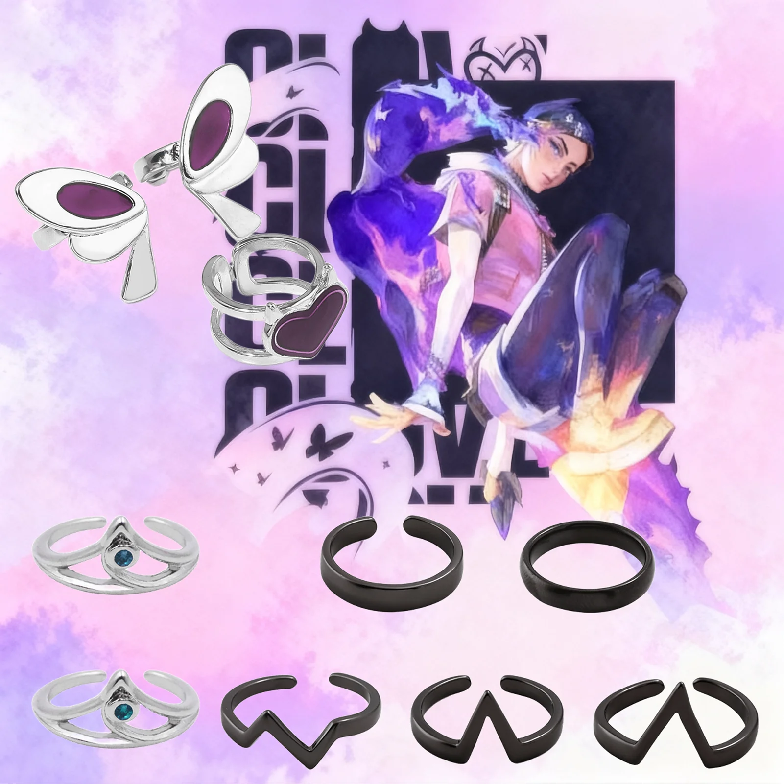 Game VALORANT Clove Cosplay A Set Ring Butterfly Heart Irregular Opening Adjustable Rings Jewelry Accessories Prop