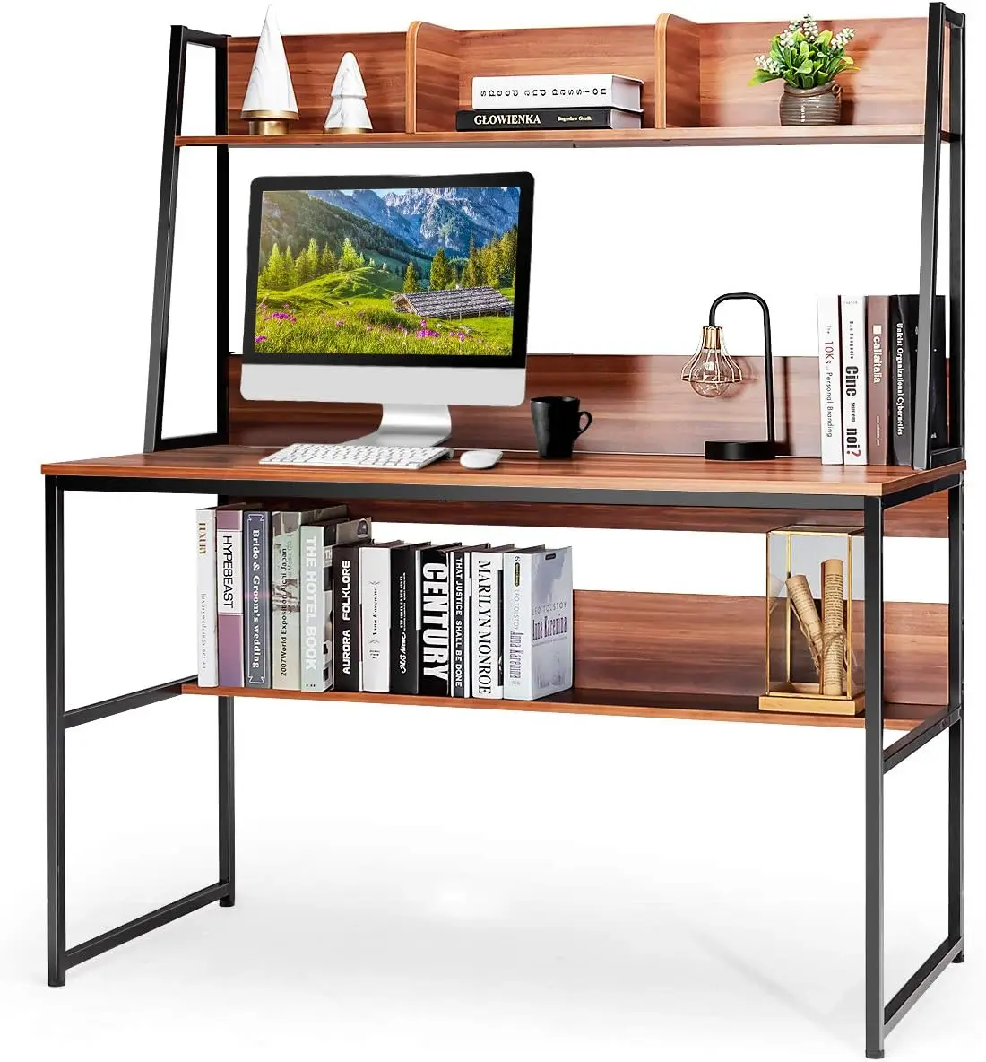 Computer Desk with Hutch & Bookshelf, 47 Inches Space Saving Writing Study Table Home Office Desk