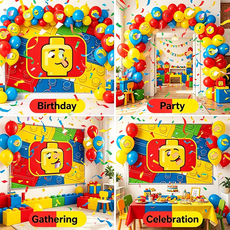 Blocks Combination Decorative Cartoon Pattern Picnic  Portable Party Specific Tablecloth Balloon Birthday Decorations Set Outdoo