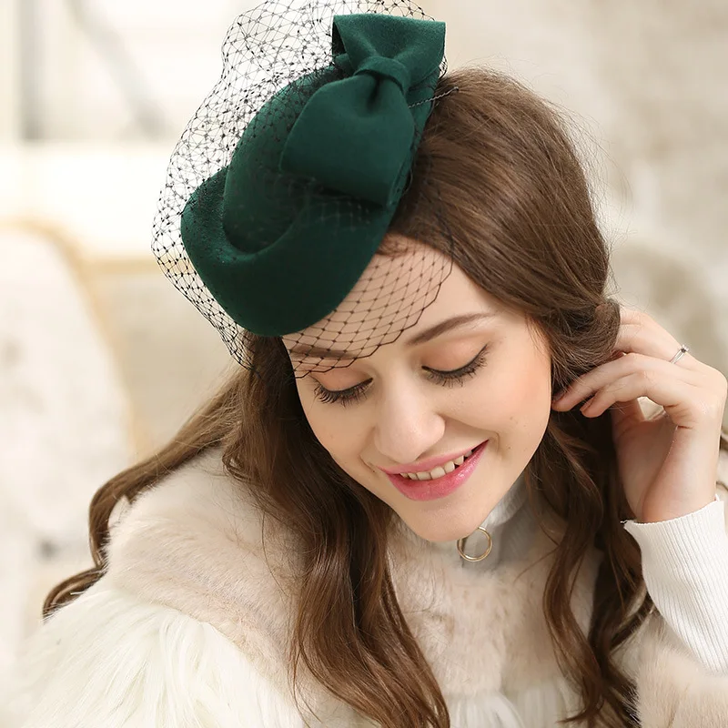 

100% Australian wool hat for women Bride Elegant Wool Gauze Bow Airline Stewardess Women's Fedora Caps Lady Royal chapeau femme