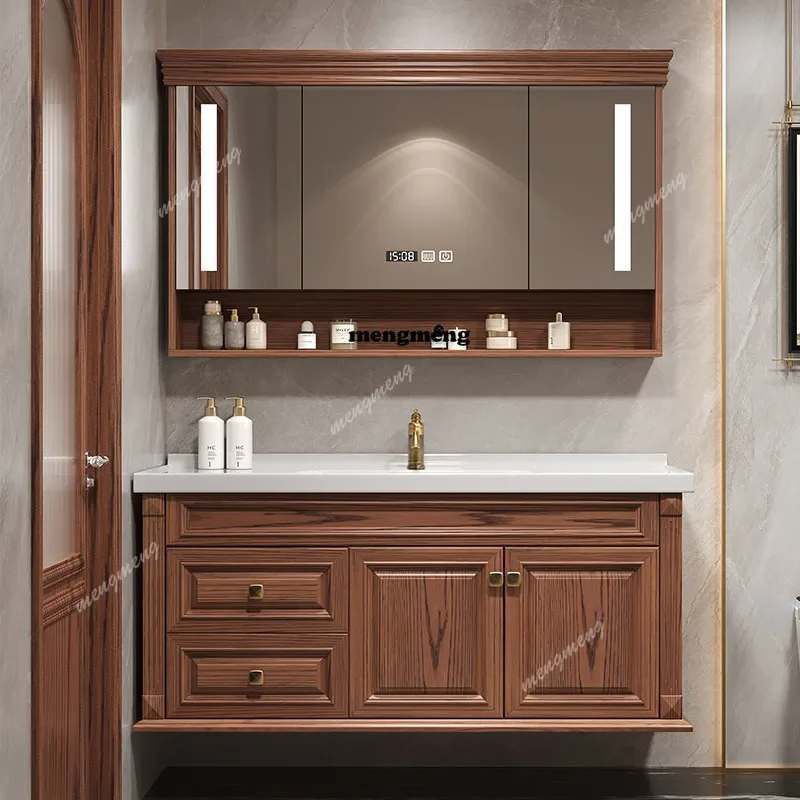 New design American red oak washstand ceramic integrated basin face wash cabinet solid wood rock slab bathroom cabinet combinati