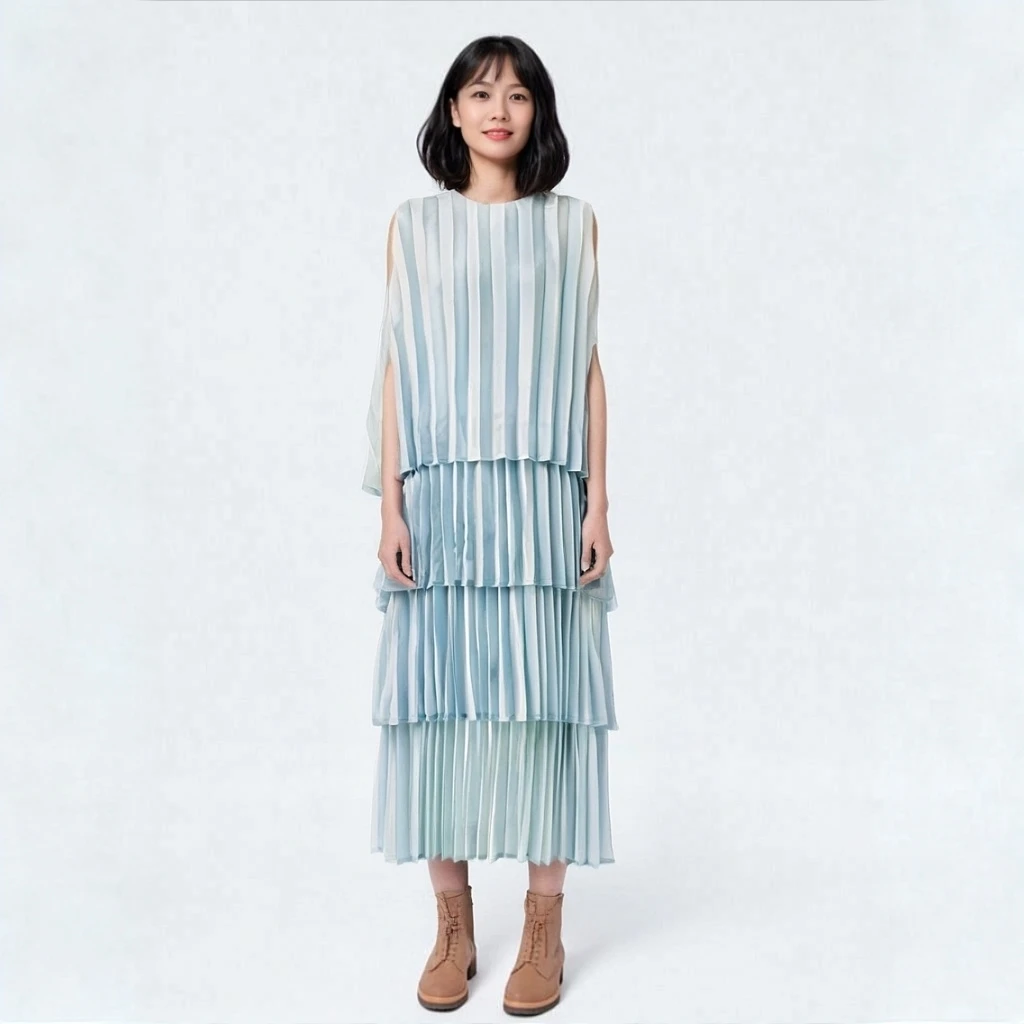 

Miyake Fold 2025 Autumn Sweet Round Neck Cake Skirt Dress Summer New Style Simple Meat Covering Sleeveless Mid Length Skirt