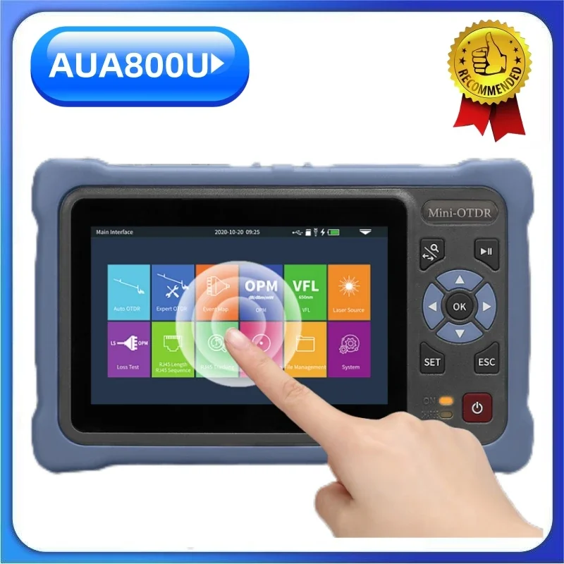 

AUA800 Mini OTDR Fiber Optic Reflectometer, Touch Screen, VFL, OLS, OPM, Event Map, Ethernet Cable Tester, 1310, 1550nm,26, 24dB