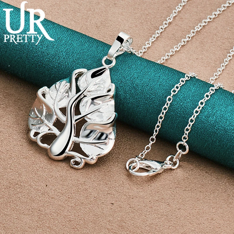 URPRETTY 925 Sterling Silver Leaves Pendant Necklace 16/18/20/22/24/26/28/30 Inch Snake Chain For Woman Party Wedding Jewelry